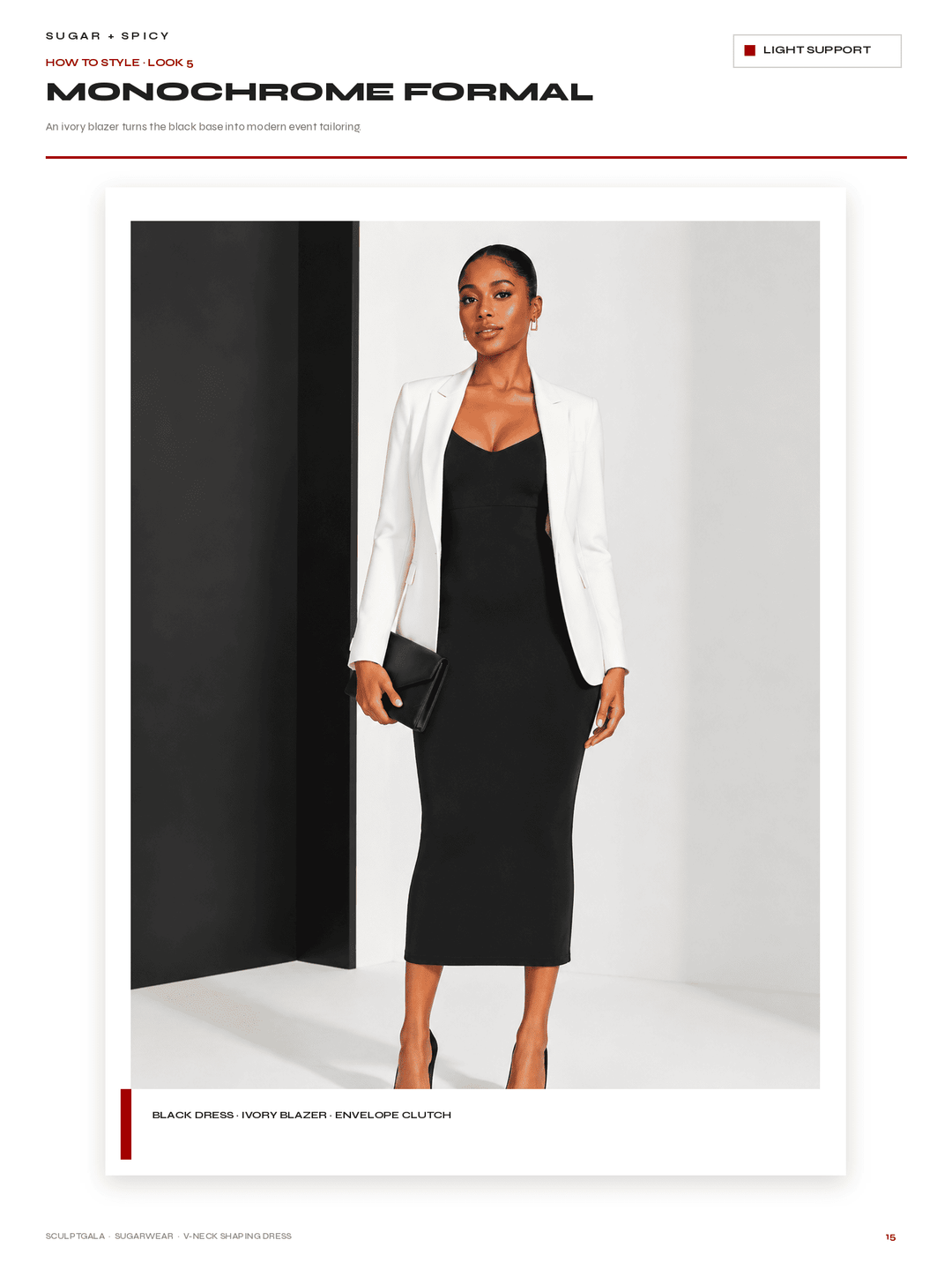 A fashion editorial page showing a model wearing a black dress with a white blazer, styled with a black clutch. The page has text headers reading &
