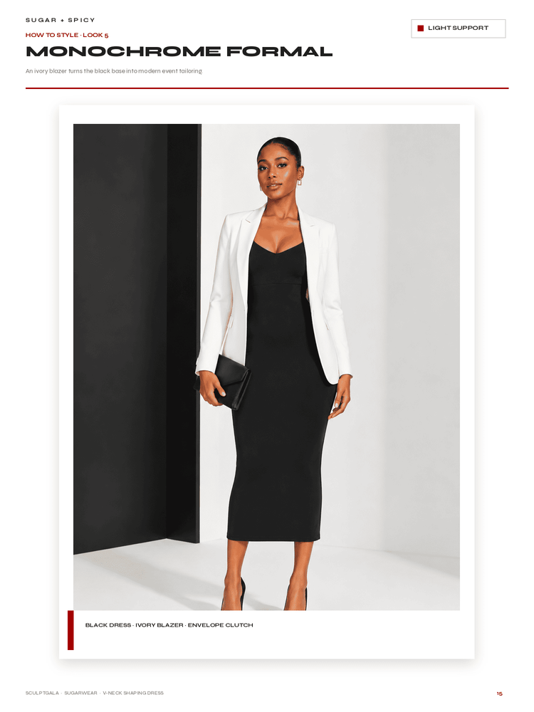 A fashion editorial page showing a model wearing a black dress with a white blazer, styled with a black clutch. The page has text headers reading 'MONOCHROME FORMAL' and 'SUGAR SPICY'.