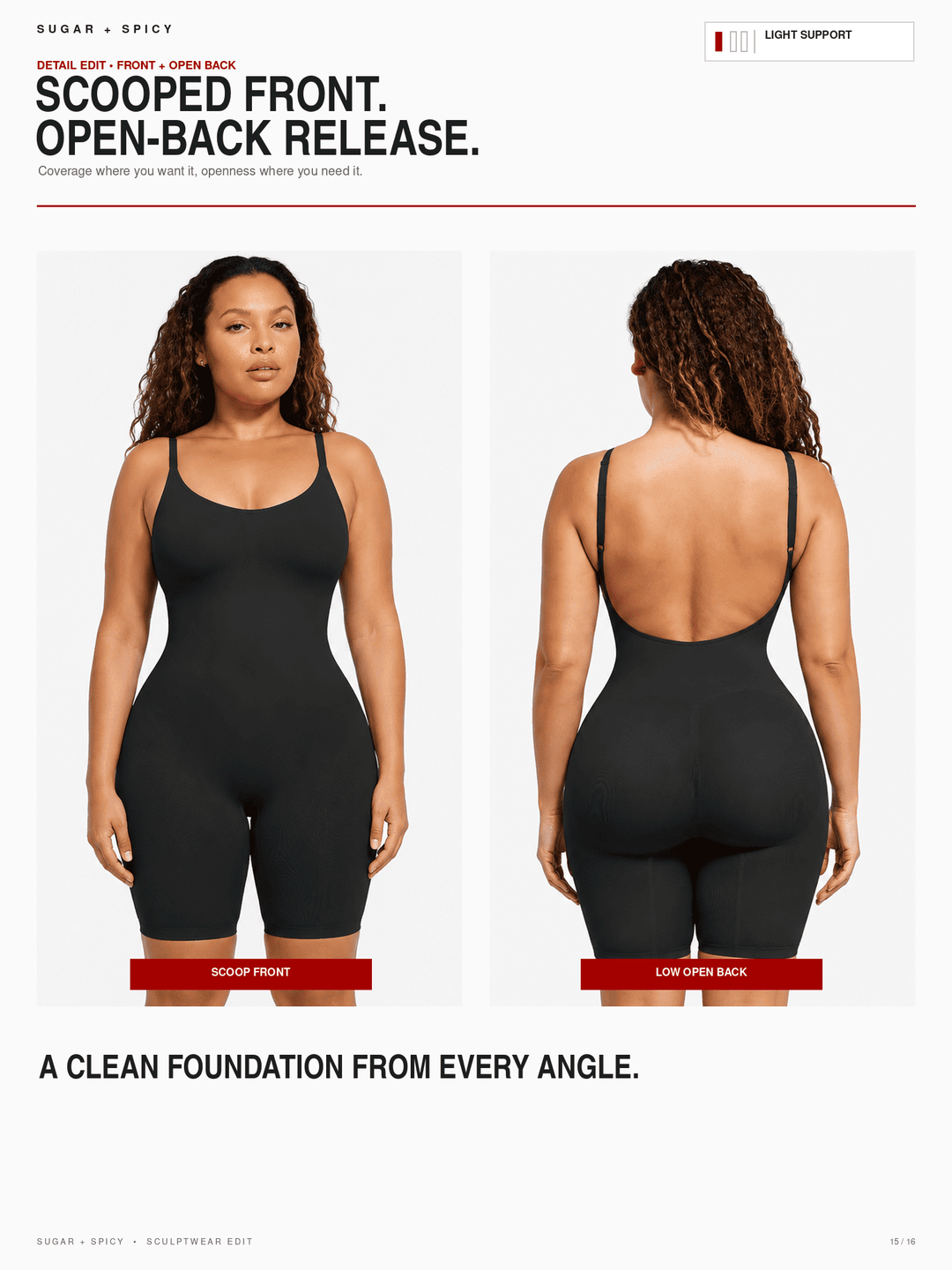 A model wears a black scoop-neck, fitted bodysuit shown from both front and back on a white promotional page. The page includes text describing the fit and back release, with front and back views side by side.