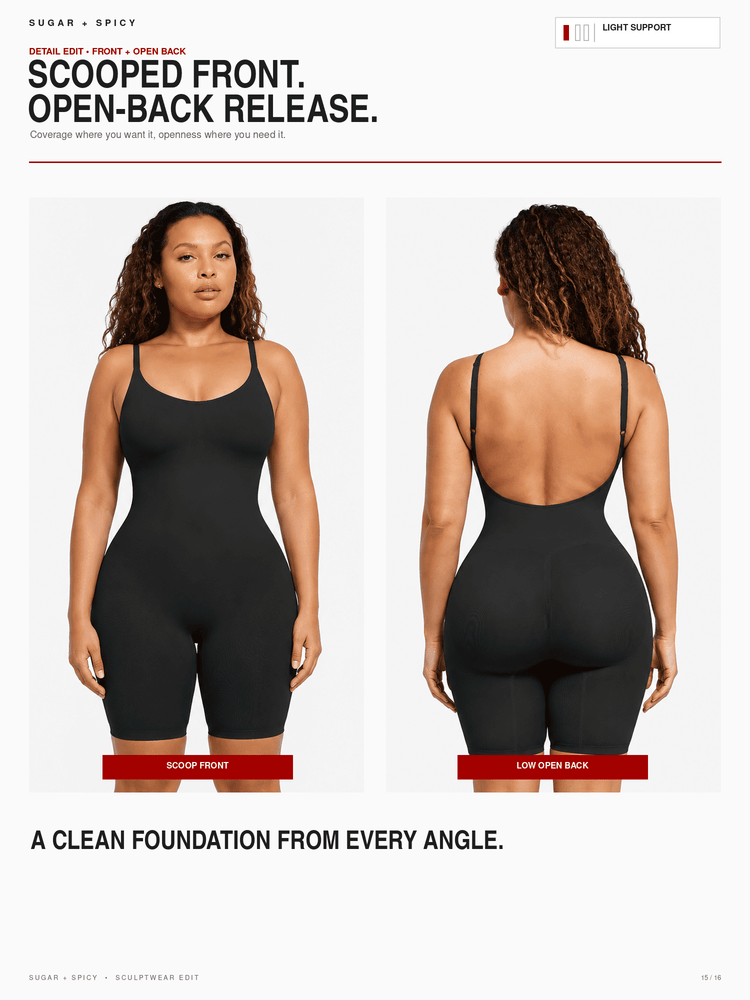 A model wears a black scoop-neck, fitted bodysuit shown from both front and back on a white promotional page. The page includes text describing the fit and back release, with front and back views side by side.