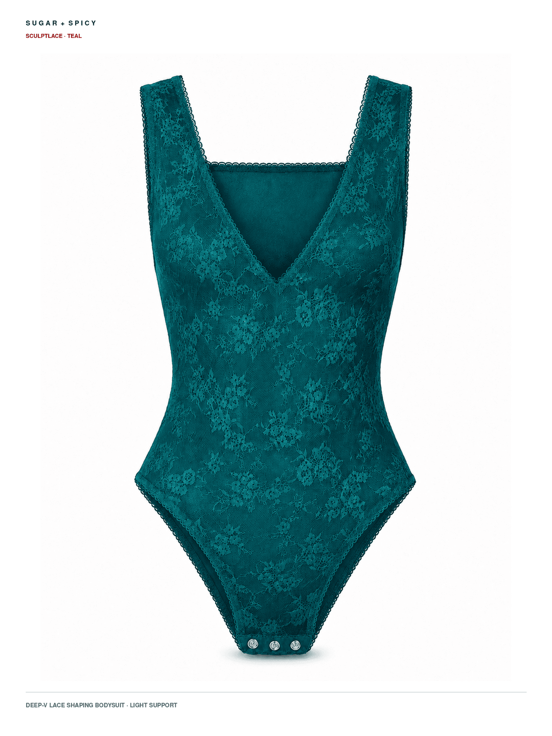 A teal lace bodysuit with a deep V-neckline and wide shoulder straps, displayed on a clean white background with product text details at the top and bottom.