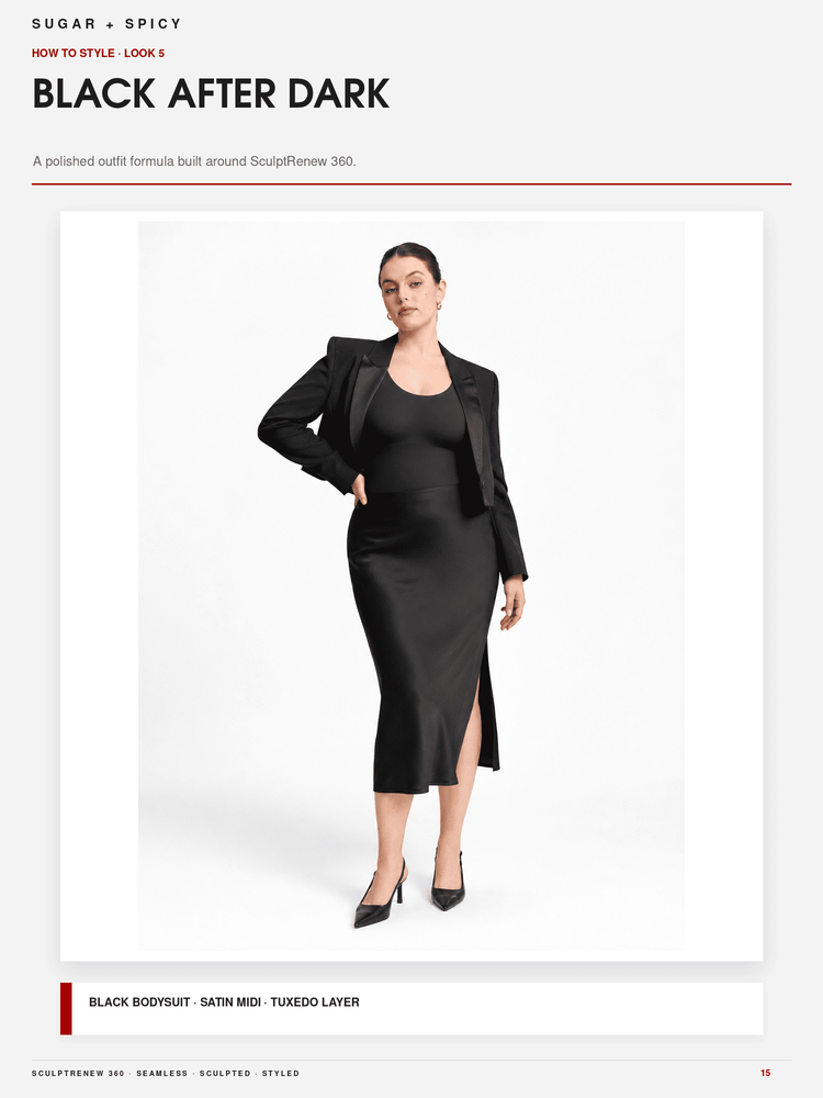 A model wears a black satin midi dress with a side slit, styled with a black blazer and black heels, on a clean white background. The image is presented as a fashion catalog page titled 'BLACK AFTER DARK'.