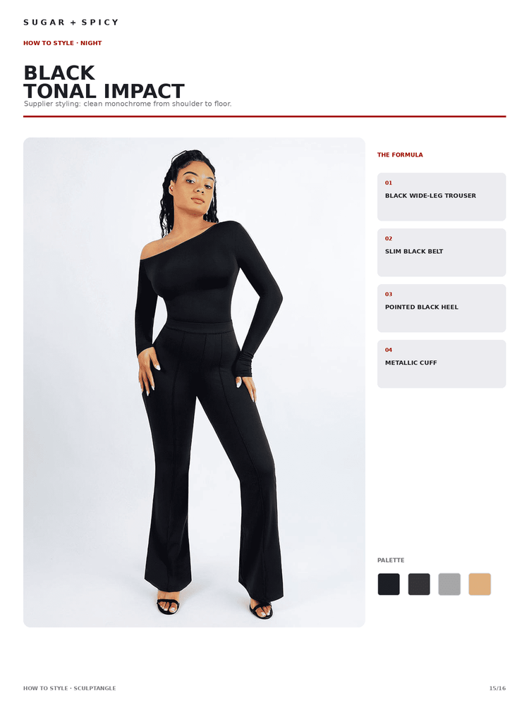 A fashion catalog page showing a model wearing a black off-the-shoulder long-sleeve jumpsuit with wide-leg pants. The page includes text reading 'BLACK TONAL IMPACT' and lists styling details, alongside color swatches and outfit components on the right.