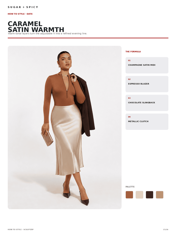 A fashion editorial page showing a model wearing a caramel brown satin top and a cream satin midi skirt, with a dark blazer draped over her shoulder. The page includes text reading 'CARAMEL SATIN WARMTH' and a color palette section with swatches.