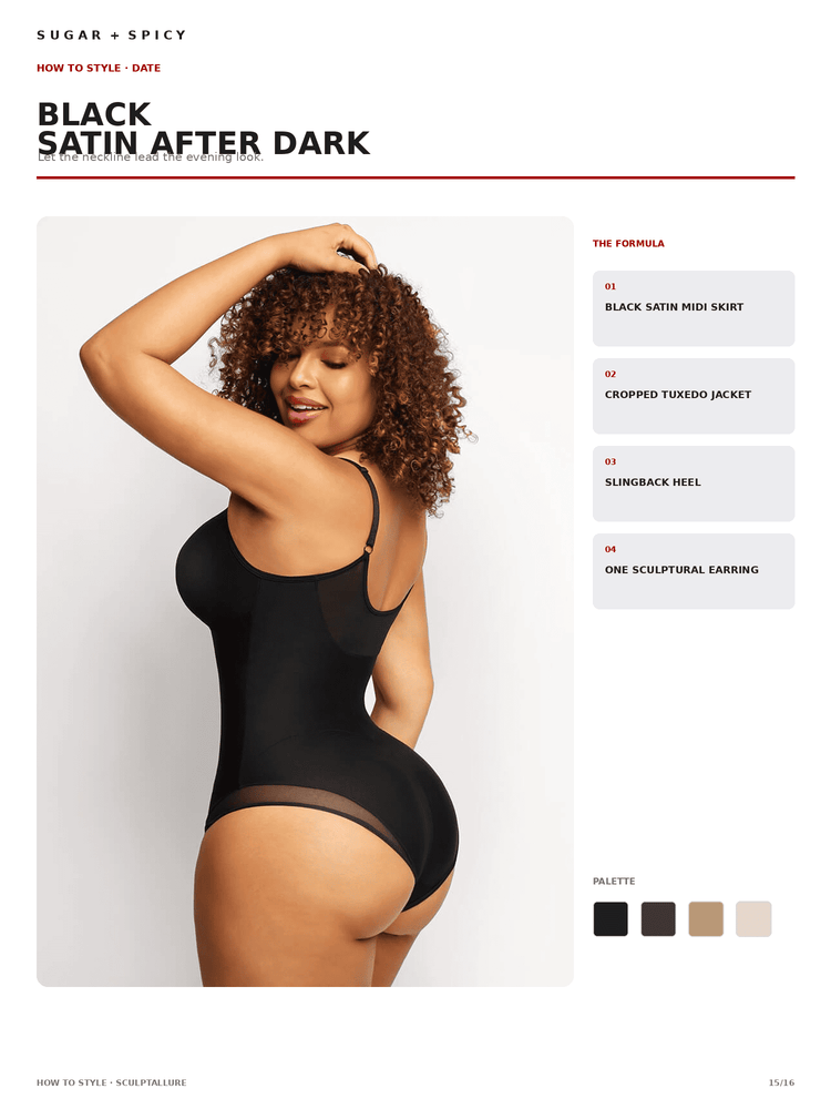 A fashion catalog page showing a model wearing a black satin bodysuit, with text reading 'BLACK SATIN AFTER DARK' and styling notes on the right side. The page includes a color palette swatch section at the bottom right.