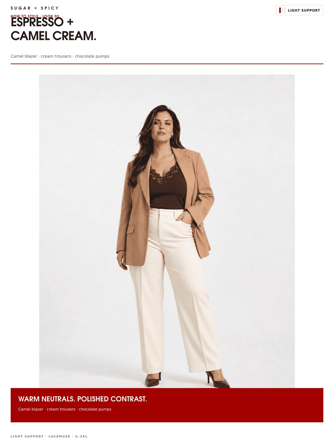 A model is shown wearing a camel blazer, cream wide-leg trousers, and a dark brown lace-trimmed top against a light gray studio background. The image includes text banners at the top and bottom describing the colorway as &