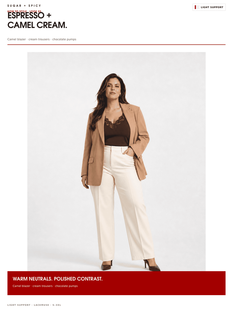 A model is shown wearing a camel blazer, cream wide-leg trousers, and a dark brown lace-trimmed top against a light gray studio background. The image includes text banners at the top and bottom describing the colorway as 'ESPRESSO + CAMEL CREAM' and 'WARM NEUTRALS POLISHED CONTRAST.
