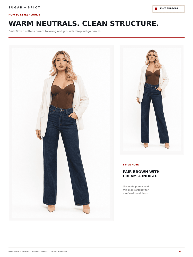 A fashion catalog page showing a model wearing dark brown and indigo jeans with a cream blazer and brown top, alongside a smaller inset view of the same outfit. Text at the top reads 'WARM NEUTRALS.