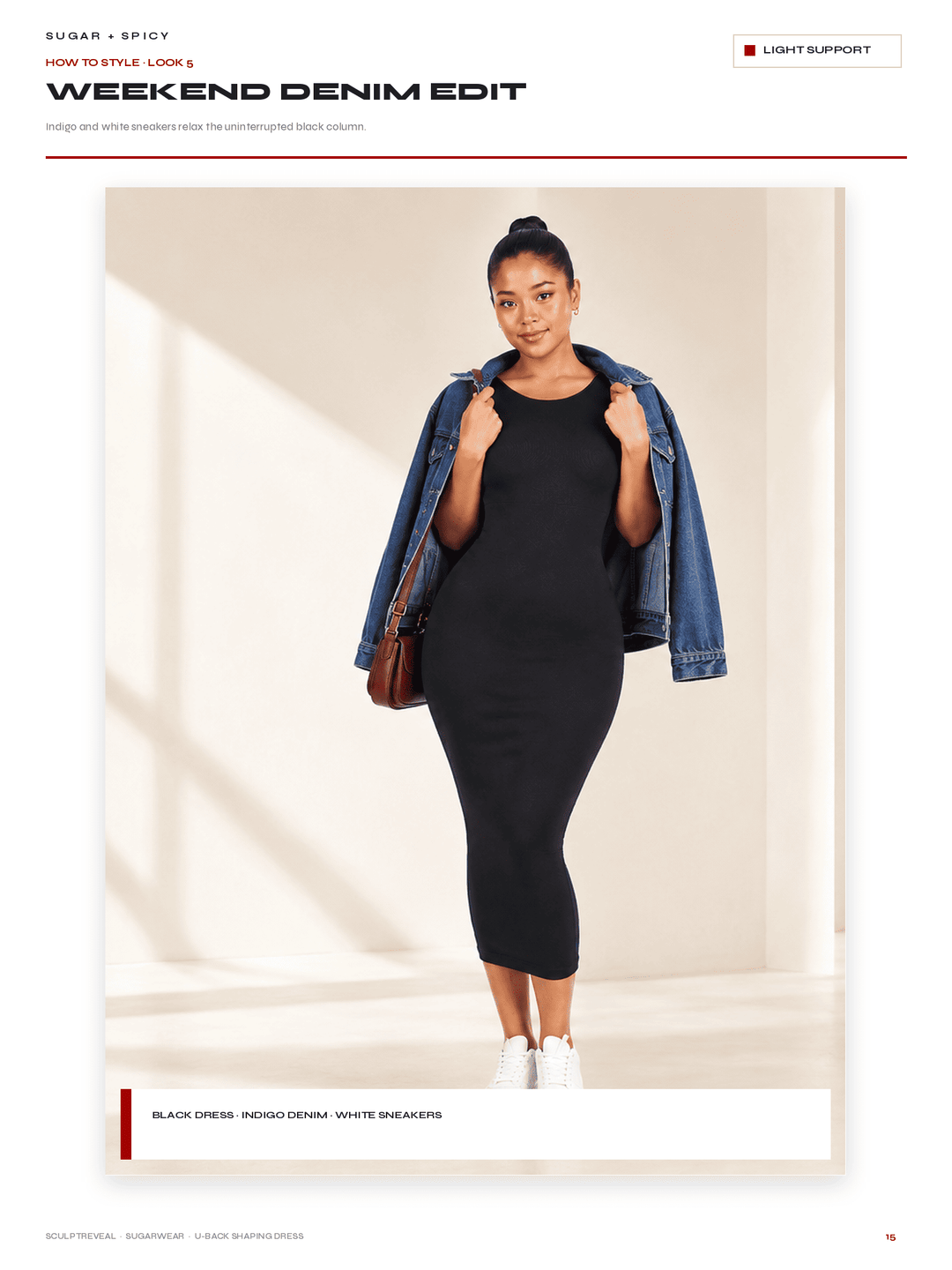A model wearing a black bodycon midi dress, a light wash denim jacket, and white sneakers, standing in a minimalist beige studio setting. The image is presented as a styled editorial look from Weekend Denim Edit.