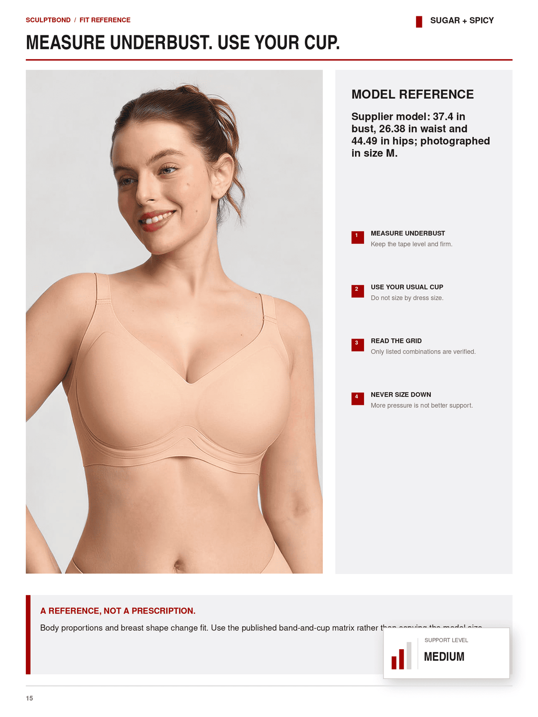 A page from a sizing guide for a cup-size fitting system, featuring a model wearing a beige underbust bra on the left and text instructions on the right. The page includes a brand logo &