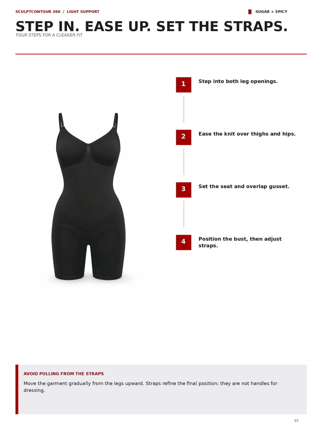 Instruction sheet for the Sculpt Contour 340 light support shapewear brief in sugar + spicy. The page features a black brief on a white background with text instructions numbered 1 through 4 on how to step in, ease up, set the straps, and position the bust.