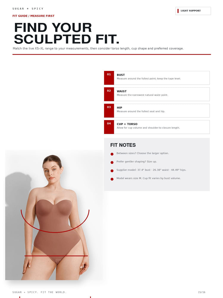 A fit guide page for Sugar + Spicy lingerie, showing a model in a nude bustier with red measurement lines indicating bust, waist, hip, and cup/torso measurements. The page includes text instructions, measurement boxes, and fit notes on a white background.