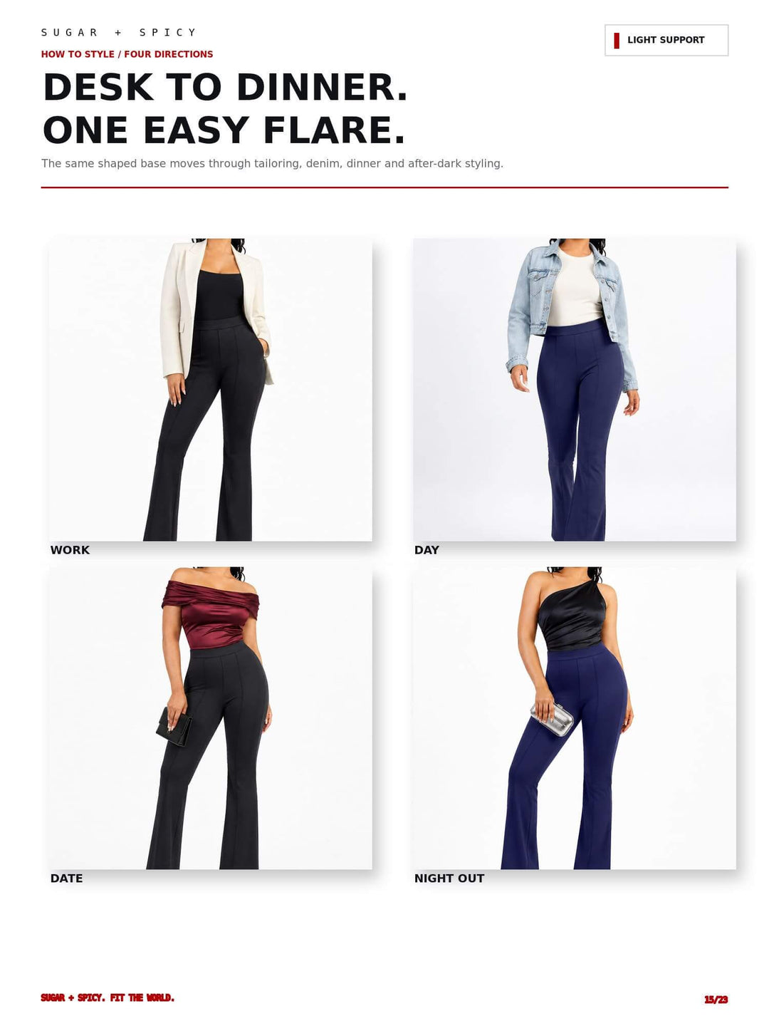 A fashion catalog page showing four styled looks of a matching dark blue flared pant set, labeled Work, Day, Date, and Night Out. The page includes text explaining the &