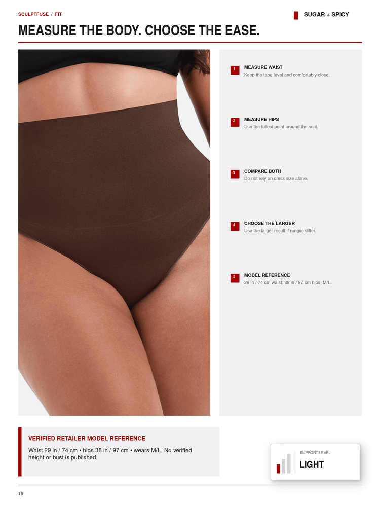 A fit guide page for a bodycon bikini bottom, showing a close-up of a model's waist and hips wearing the dark brown band. The page includes text instructions on how to measure the body, a size reference table at the bottom, and branding for 'SUGAR + SPICY'.