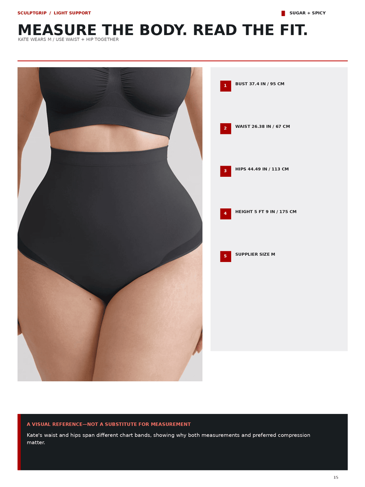 A product information page for a high-waisted black shapewear brief, showing a cropped model torso wearing the garment. The page includes the headline 'MEASURE THE BODY.