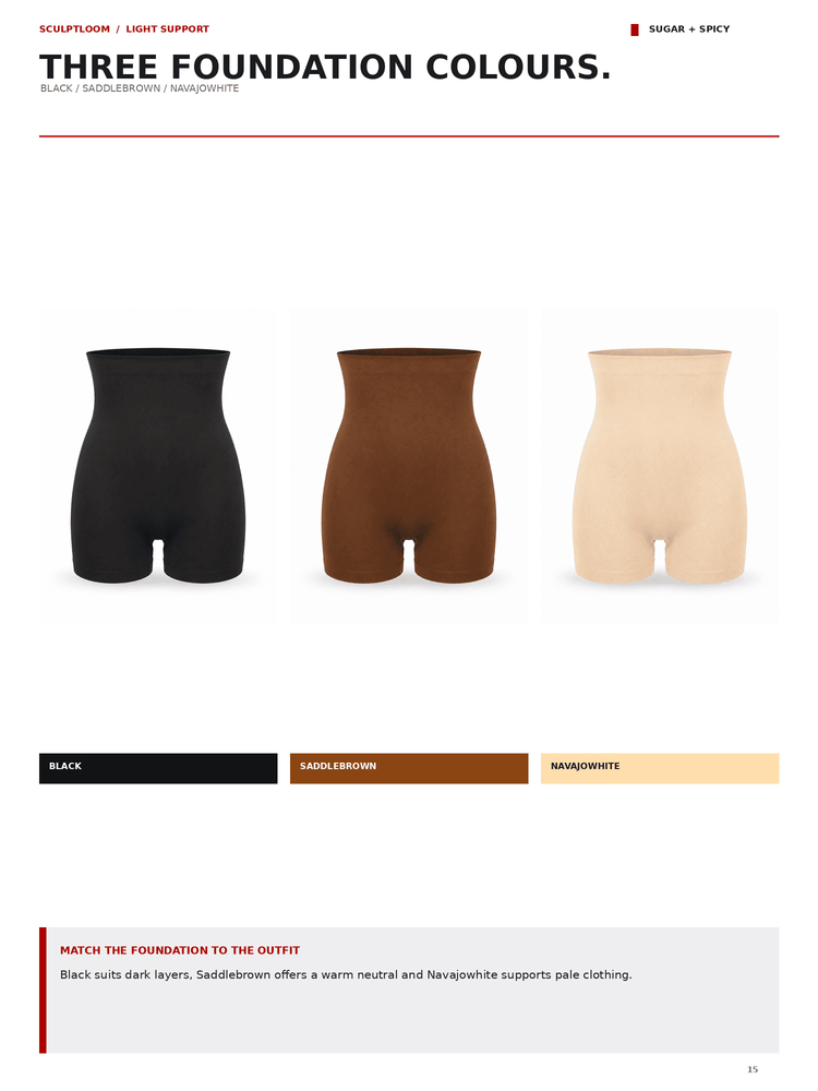 A product color options page showing three foundation shades of a shapewear brief: black, chocolate brown, and light beige. The page has the heading 'THREE FOUNDATION COLOURS.