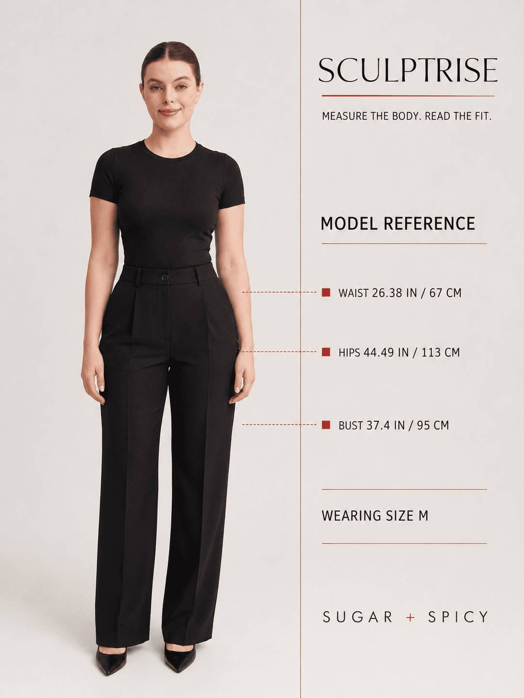 A model wearing black high-waisted cropped trousers and a black short-sleeve top stands against a light beige studio background, with measurement callouts and text for the SCULPTRISE fit guide by SUGAR + SPICY.