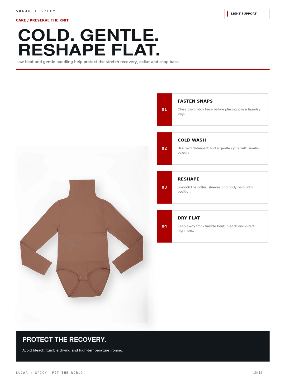 A flat lay care and fit guide sheet for a bodysuit, showing a brown long-sleeve turtleneck-style bodysuit on a white background with text instructions for fastening snaps, cold wash, reshaping, and dry flat. Includes a black footer with care symbols and the text &