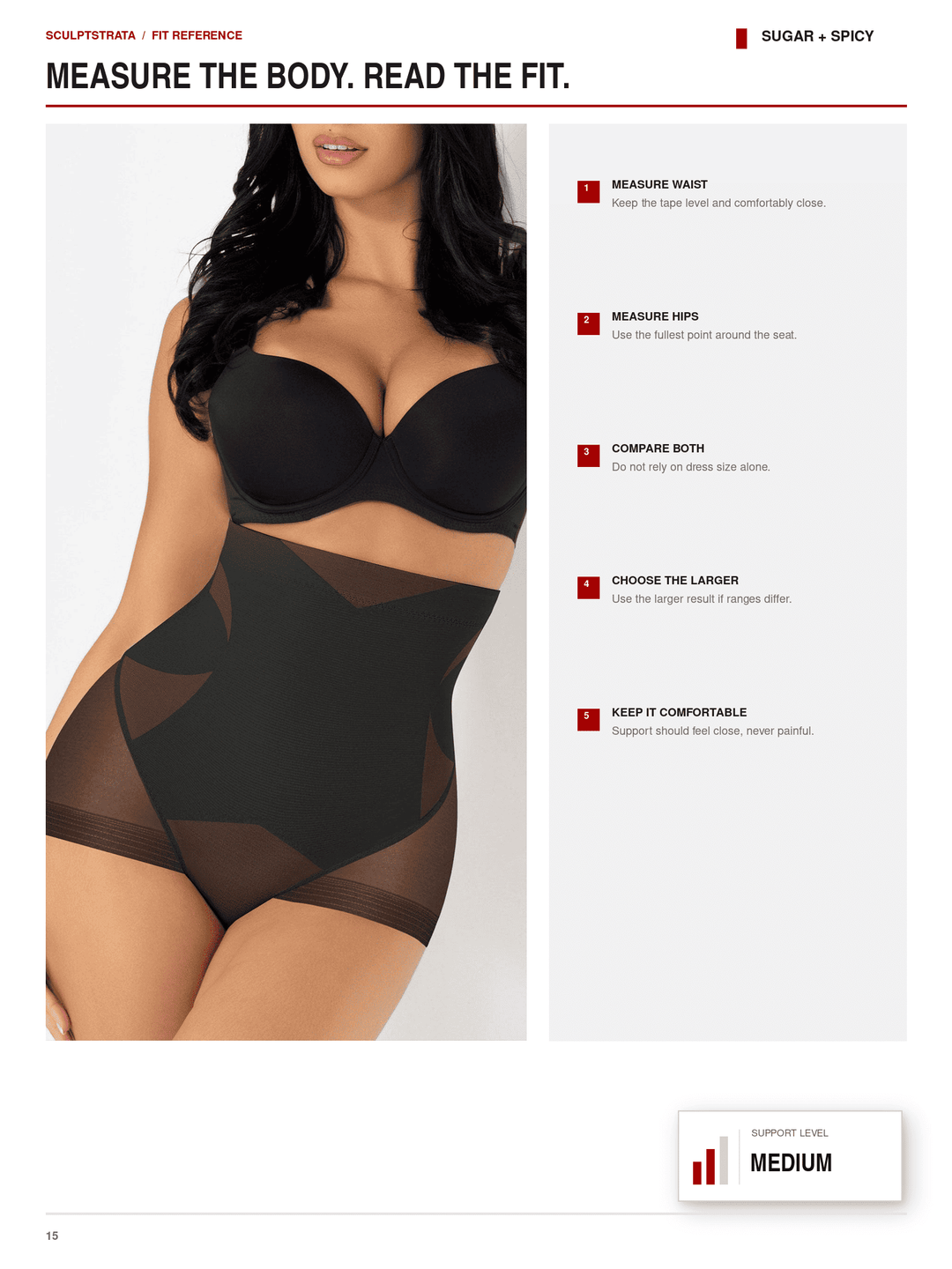 A model wears a black structured underbust bodysuit with sheer mesh side panels, shown on a white page alongside fit instructions and text for a &