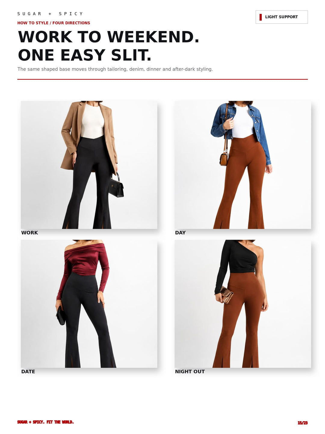 A fashion editorial page showing four styled outfit photos labeled WORK, DAY, DATE, and NIGHT OUT, with large text at the top reading &