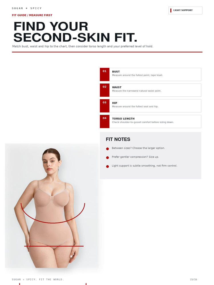 A fit guide page from Sugar + Spicy showing how to measure for a second-skin fit, with a model wearing a nude bodysuit and red measurement lines, alongside labeled measurement points and fit notes.