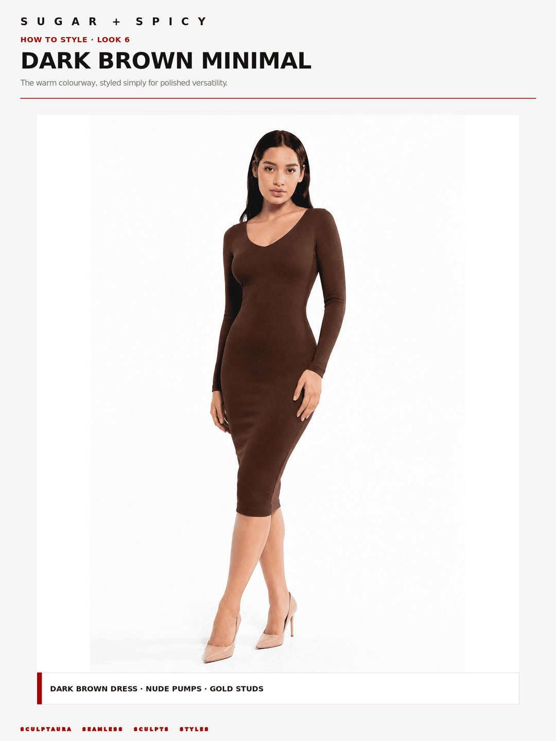 A model wearing a dark brown long-sleeve bodycon mini dress, styled with nude high heels, on a white background with text overlays reading &