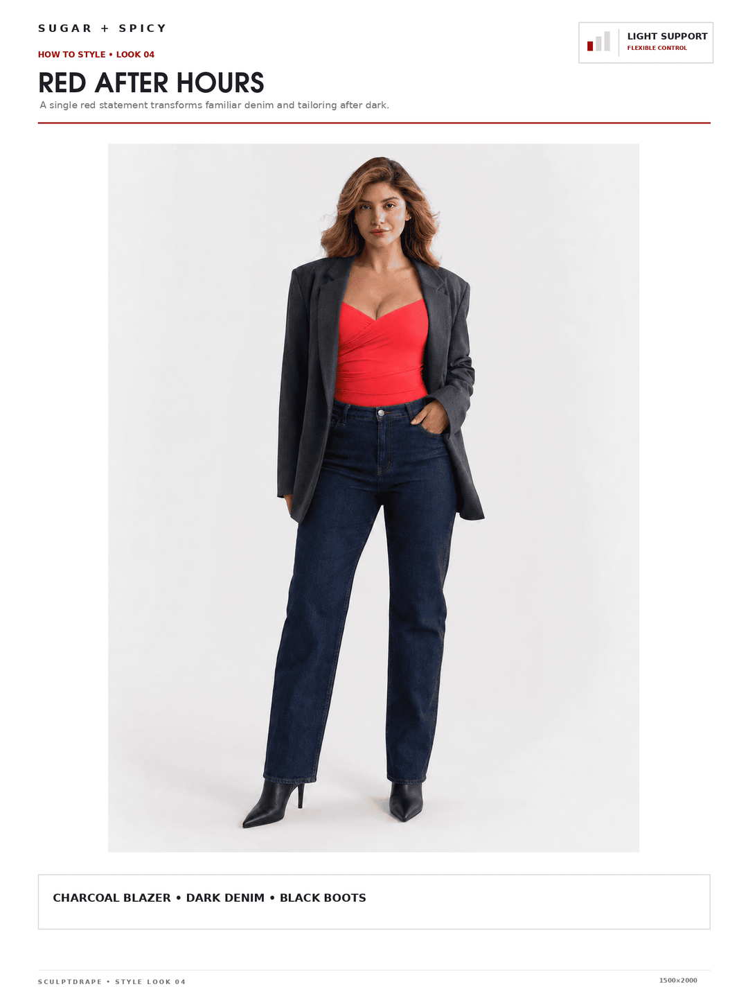 A fashion catalog page showing a model wearing a charcoal blazer, dark denim jeans, a bright red top, and black boots against a light gray background. The page header reads &