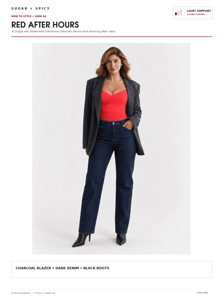 A fashion catalog page showing a model wearing a charcoal blazer, dark denim jeans, a bright red top, and black boots against a light gray background. The page header reads 'RED AFTER HOURS' with styling notes.