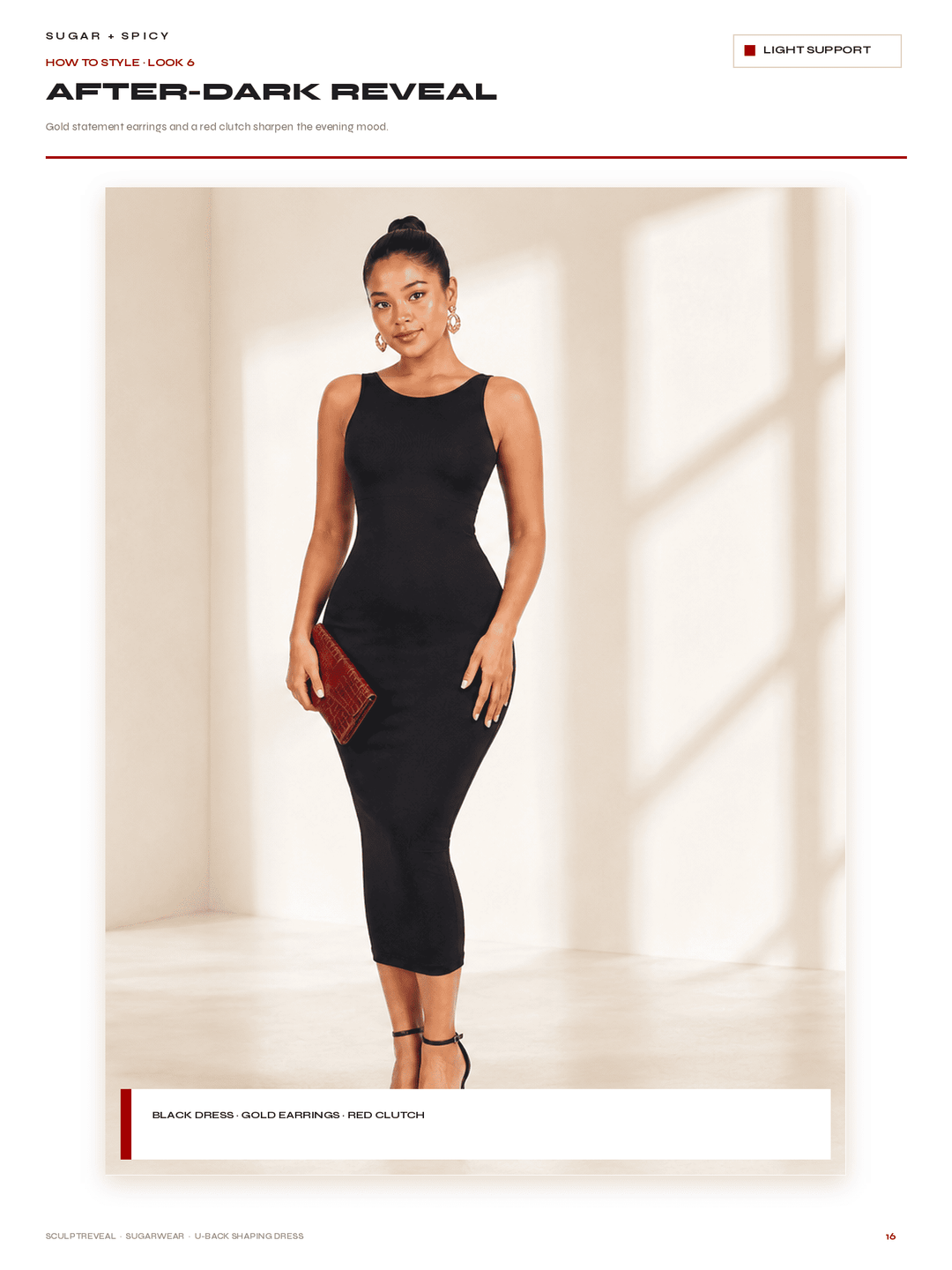 A model wearing a sleeveless black bodycon midi dress and holding a red clutch, shown on a styled beige background with text overlays reading &