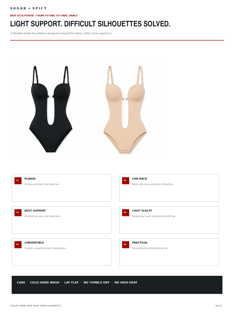 A product information page for Sugar + Spicy light support bras, showing two bras side by side: one black and one beige, with feature callouts below on a white background.