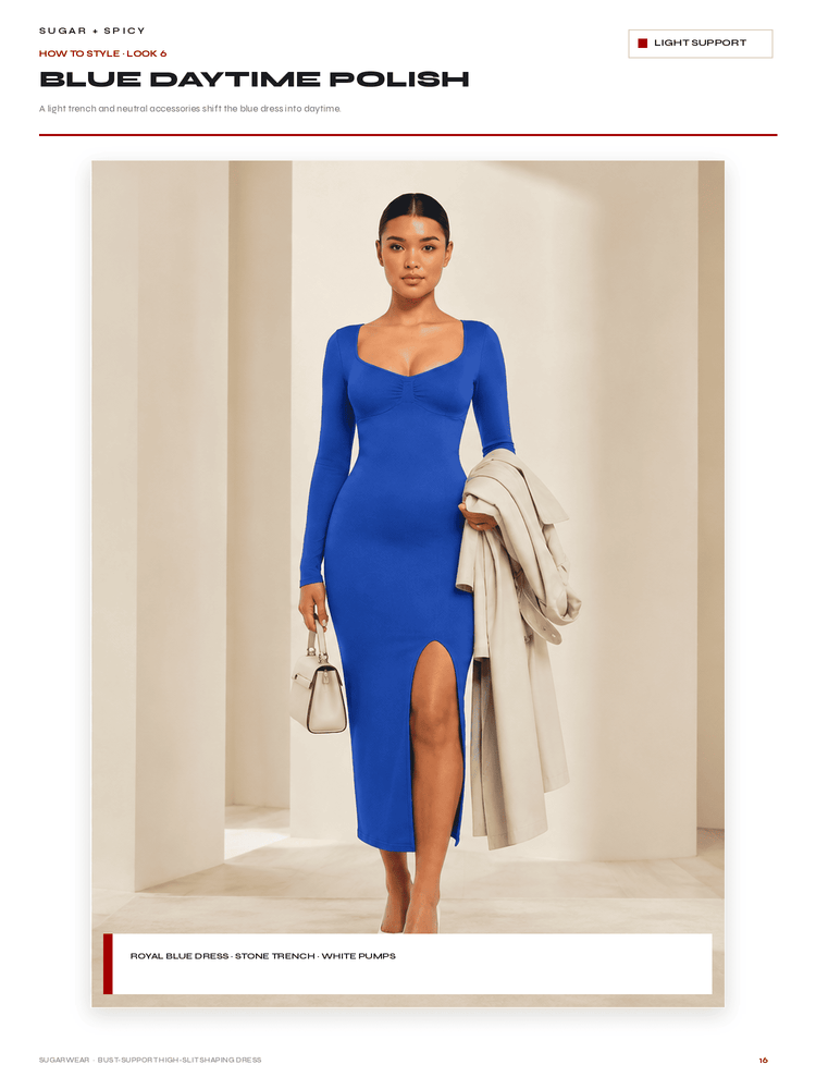 A model wearing a royal blue long-sleeve midi dress with a square neckline and a thigh-high slit, styled with a light beige trench coat and a small white handbag. The image is presented on a fashion catalog page titled 'BLUE DAYTIME POLISH'.
