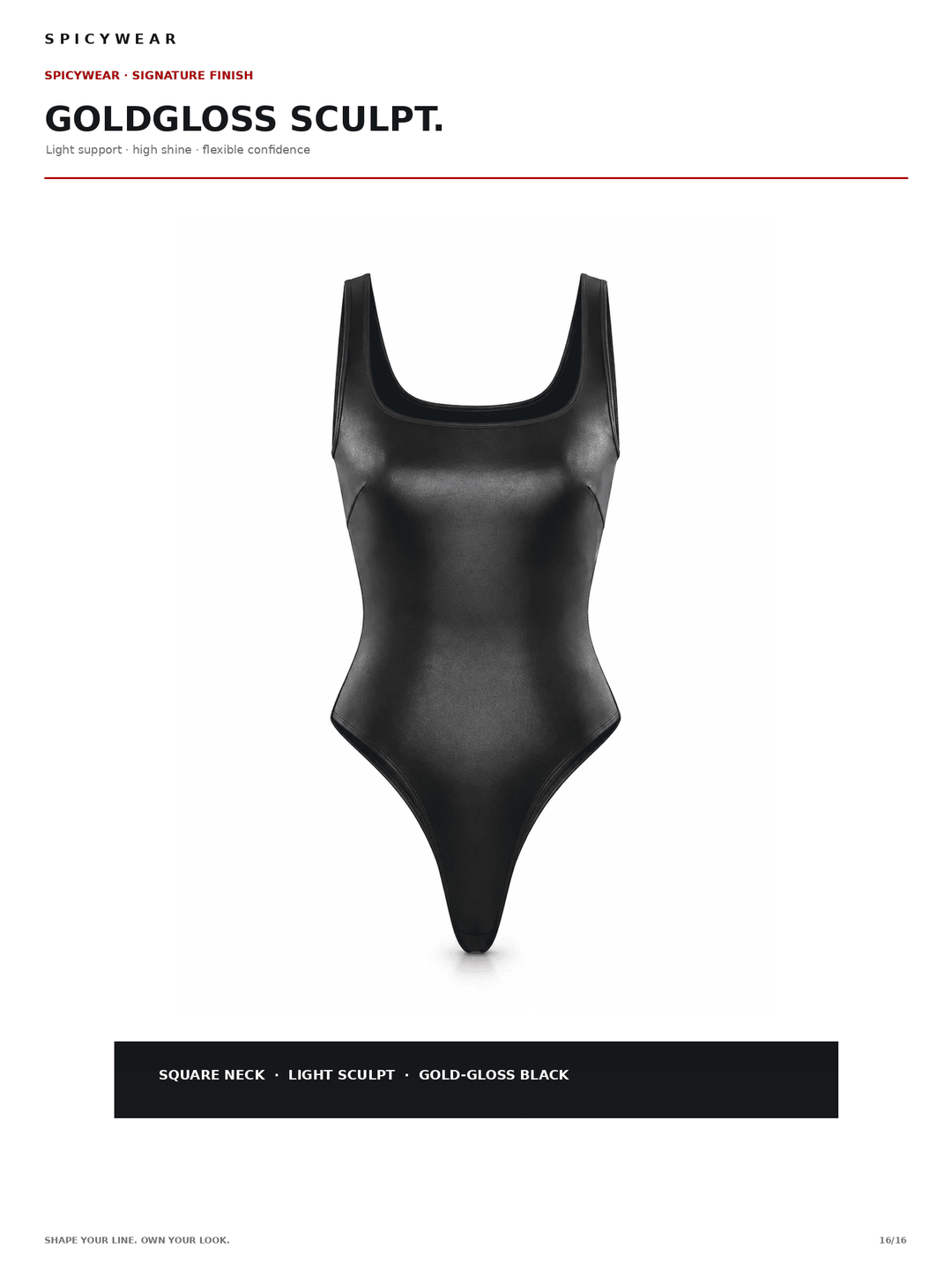 A black bodysuit with a glossy, sculpted finish, shown against a white background with product specifications and branding text.