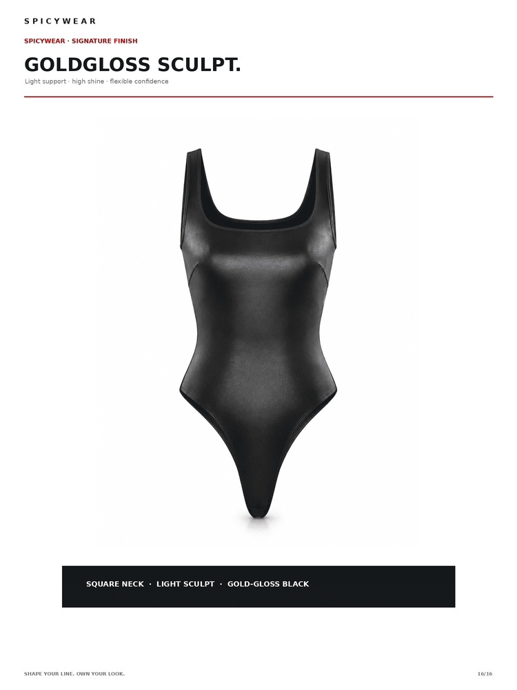 A black bodysuit with a glossy, sculpted finish, shown against a white background with product specifications and branding text.