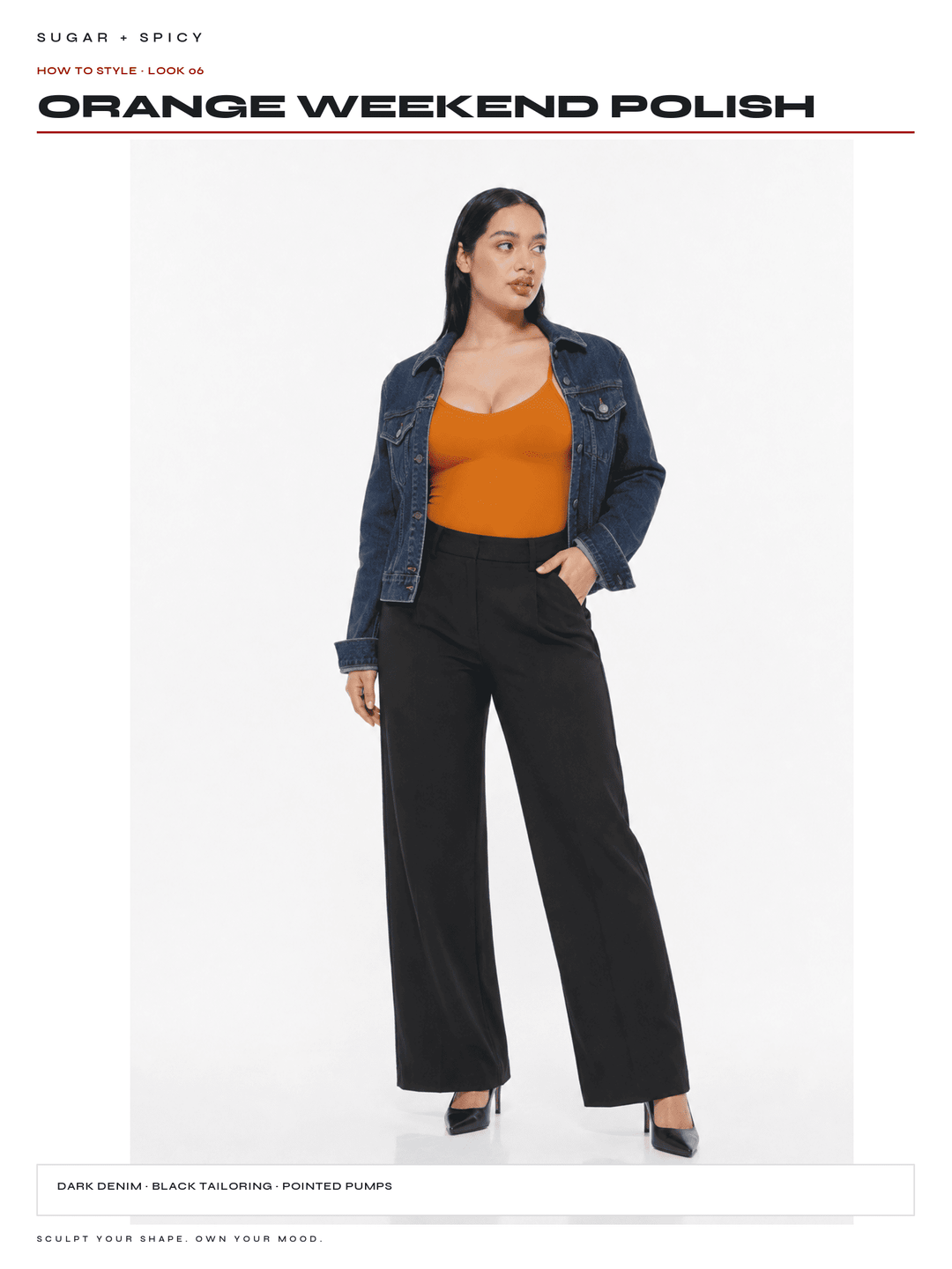 A model is shown wearing a dark orange spaghetti-strap top, black wide-leg pointed-toe pumps, and a dark blue denim jacket against a plain white studio background. Text at the top reads &