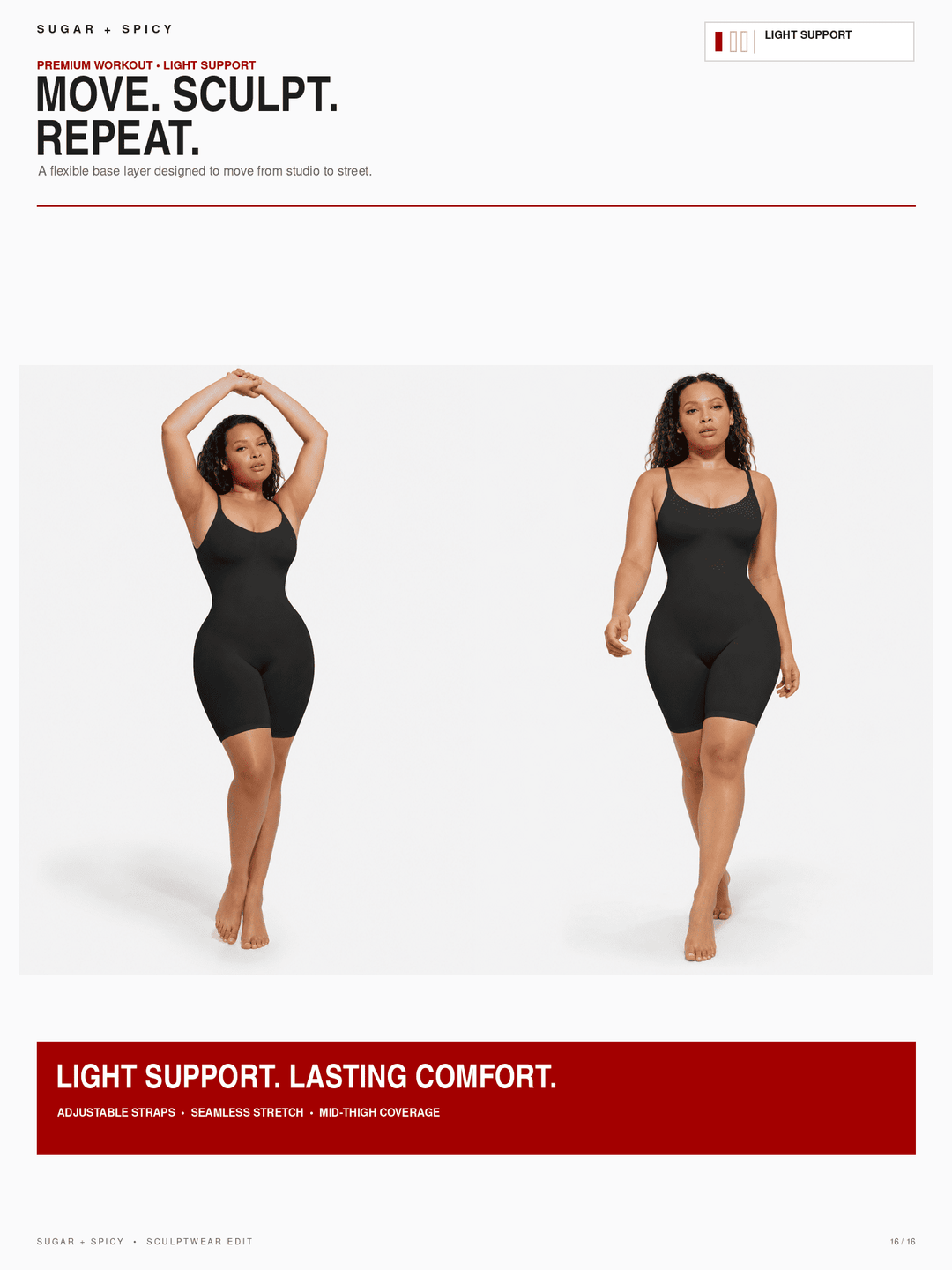 A promotional page for Sugar + Spicy light support shapewear, showing a model in a black bodysuit in two poses against a white background, with text banners at the top and bottom.