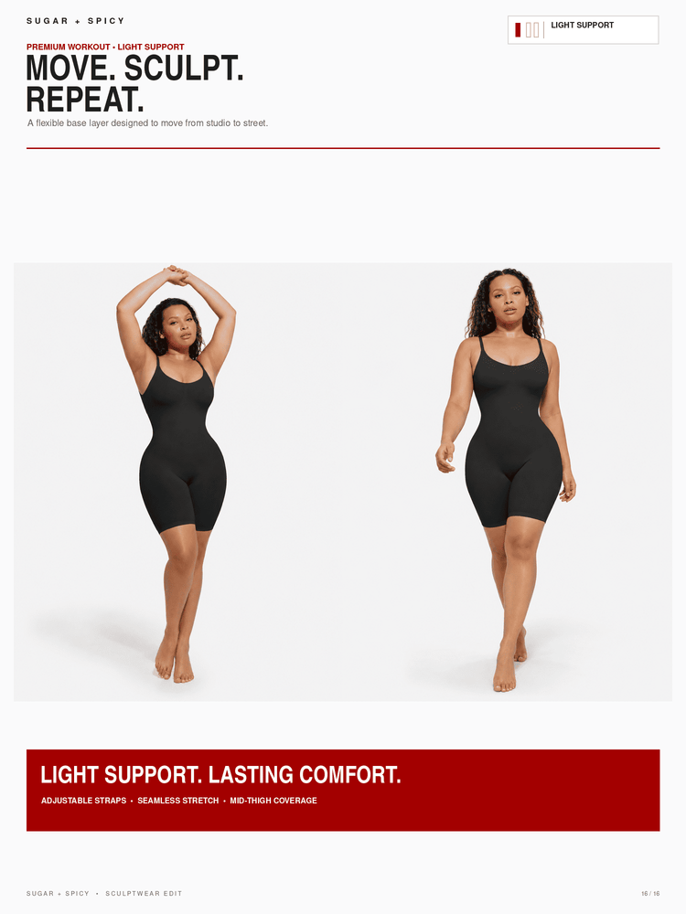 A promotional page for Sugar + Spicy light support shapewear, showing a model in a black bodysuit in two poses against a white background, with text banners at the top and bottom.
