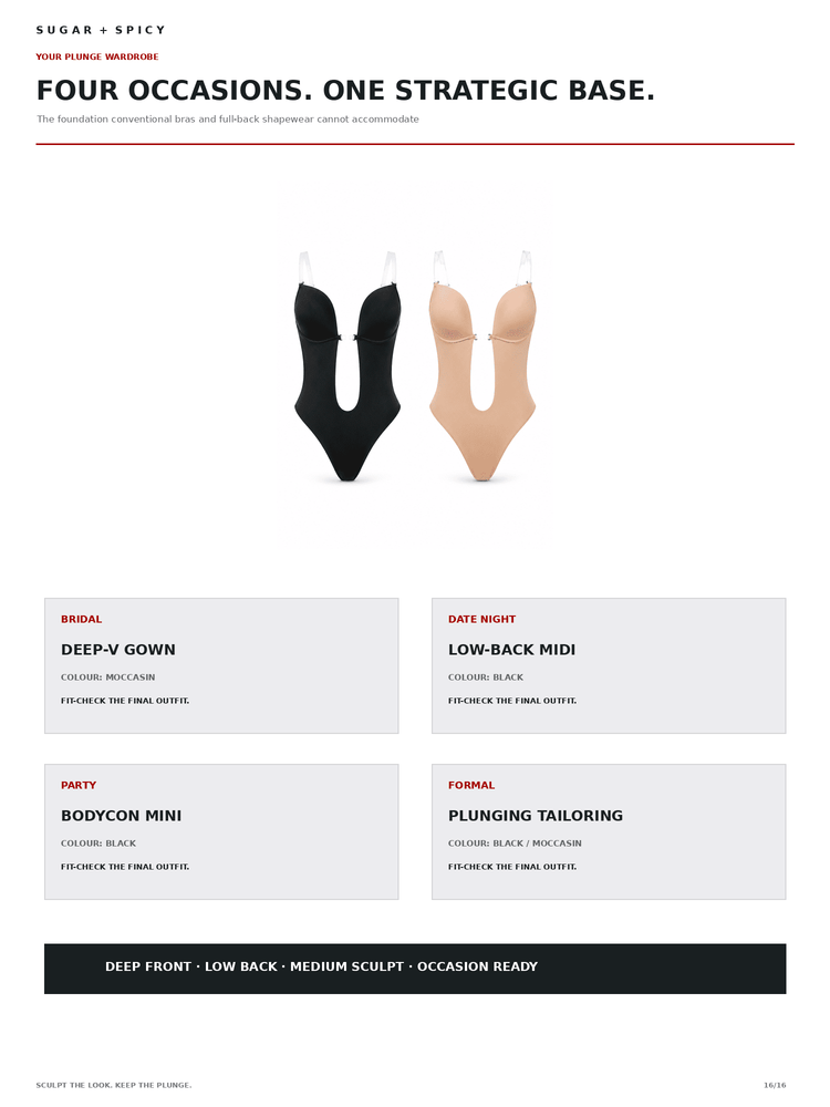 A product catalog page for Sugar + Spicy four-piece lingerie, showing the deep-v gown in black and the low-back midi in beige. The page includes descriptive text for each garment under categories: Bridal, Date Night, Party, and Formal.