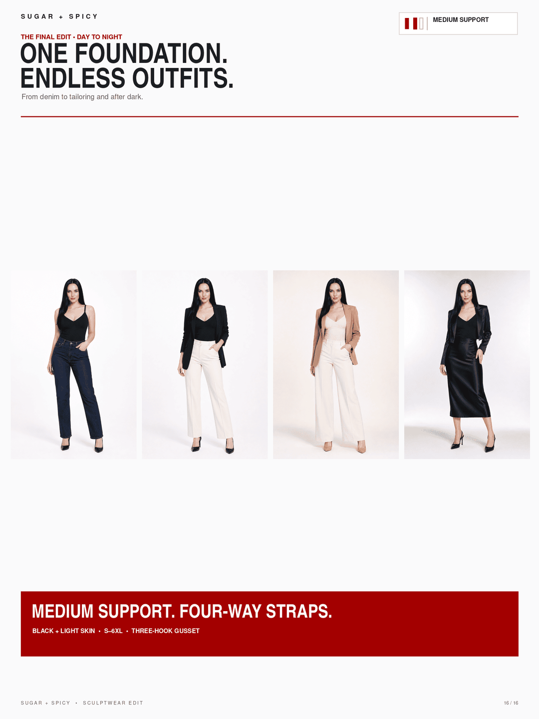 A fashion catalog page showing four models wearing different outfits, with text reading &