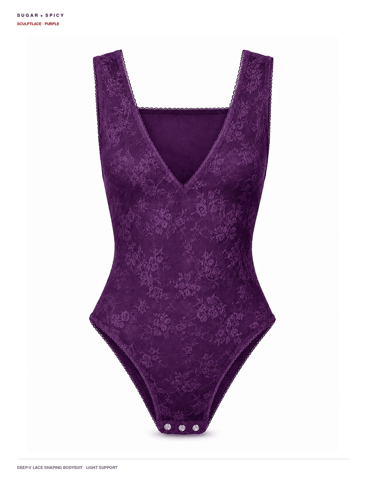 A deep purple lace bodysuit with a floral pattern, a V-neckline, and wide shoulder straps, shown against a plain white background.