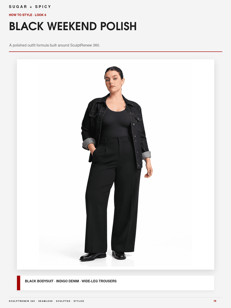 A model wearing a black outfit consisting of a black denim jacket with rolled cuffs, a black scoop-neck top, and wide-leg trousers, set against a clean white background with text overlays.