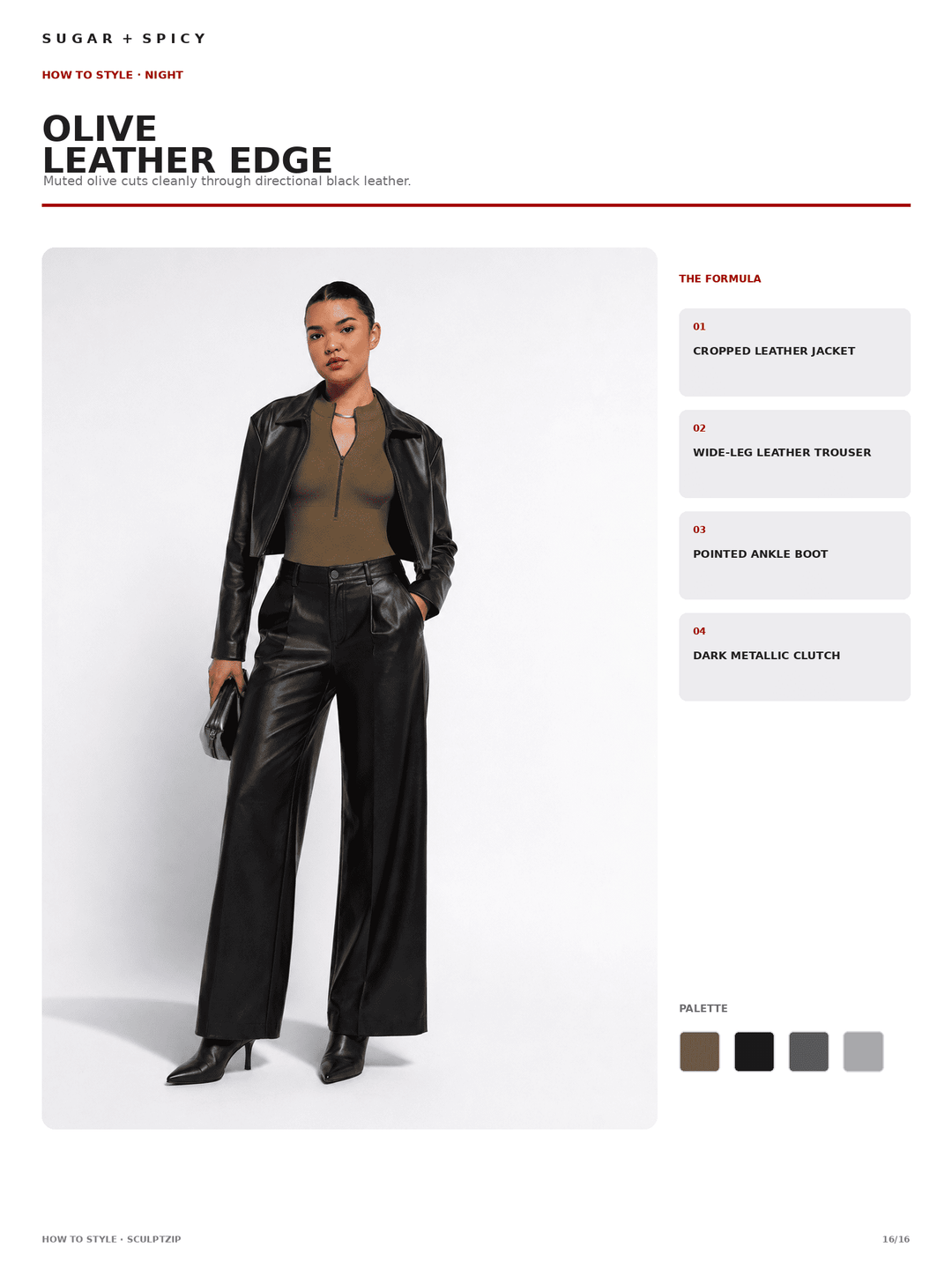 A fashion catalog page showing a model wearing an olive leather edge outfit, including a cropped leather jacket, wide-leg leather trousers, and pointed ankle boot. The page includes styling text, a color palette, and product callouts on a white background.