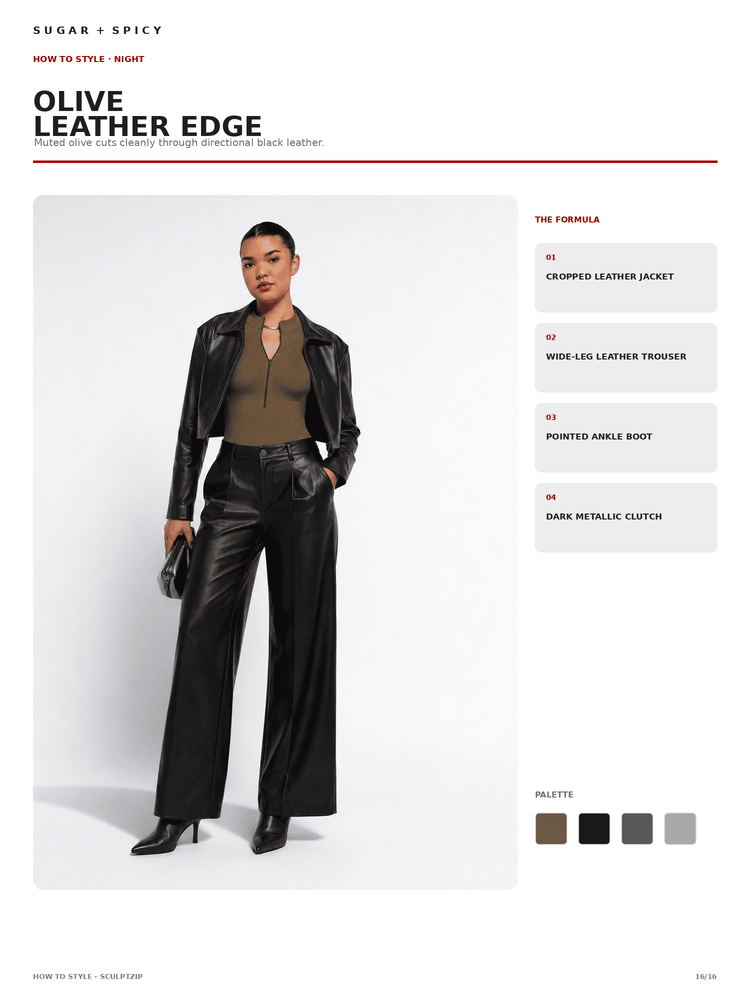 A fashion catalog page showing a model wearing an olive leather edge outfit, including a cropped leather jacket, wide-leg leather trousers, and pointed ankle boot. The page includes styling text, a color palette, and product callouts on a white background.