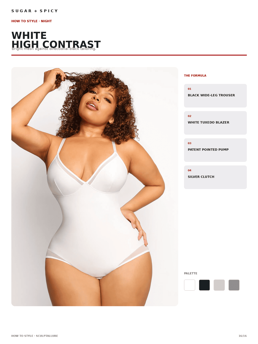 A fashion catalog page showing a plus-size model wearing a white high-contrast shapewear bodysuit. The page includes text reading &