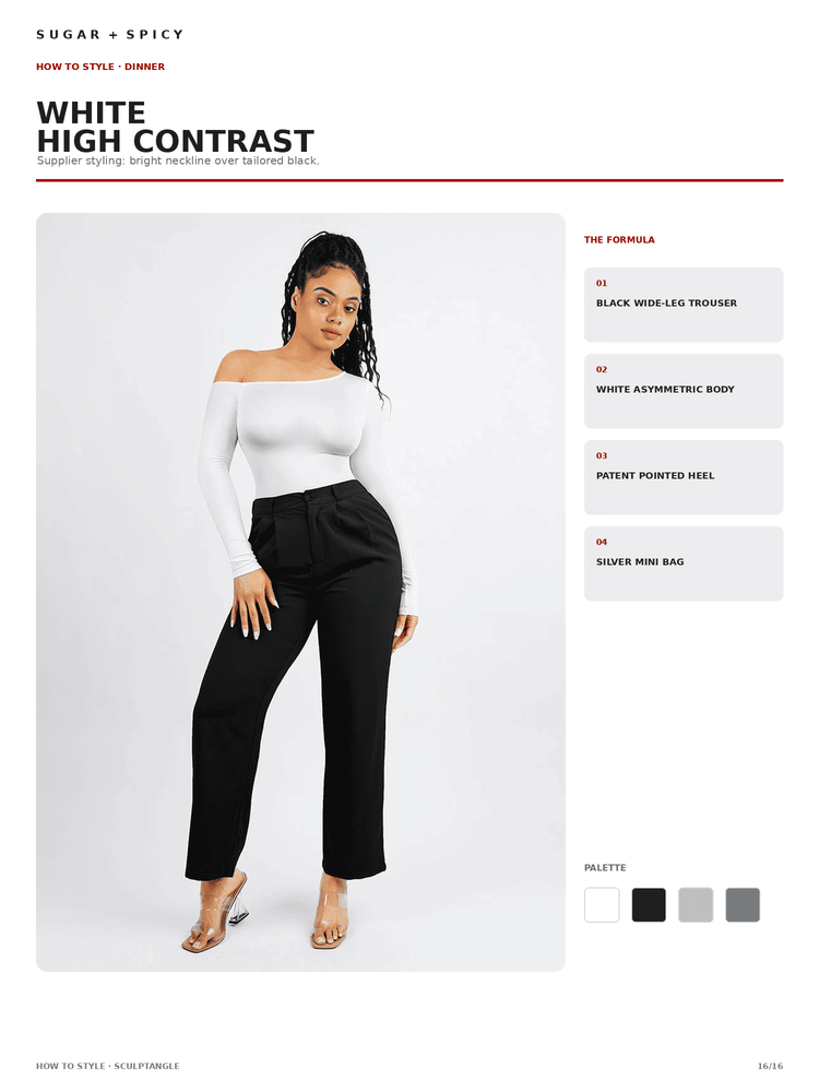 A fashion catalog page showing a model wearing a white off-the-shoulder long-sleeve top and black wide-leg trousers against a light gray background. The page includes text reading 'WHITE HIGH CONTRAST,' product feature callouts on the right, and a small color palette swatch row at the bottom.