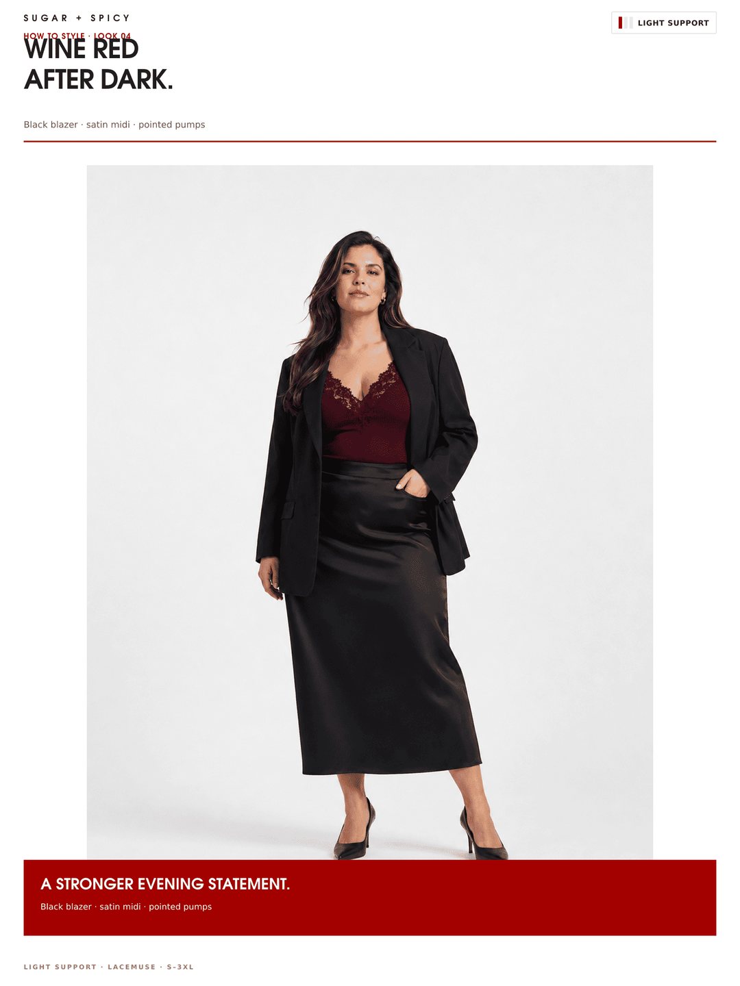 A model stands against a light gray studio background wearing a black blazer, a deep wine-red lace-trimmed top, and a black satin midi skirt. The image includes text banners at the top and bottom describing the outfit as &