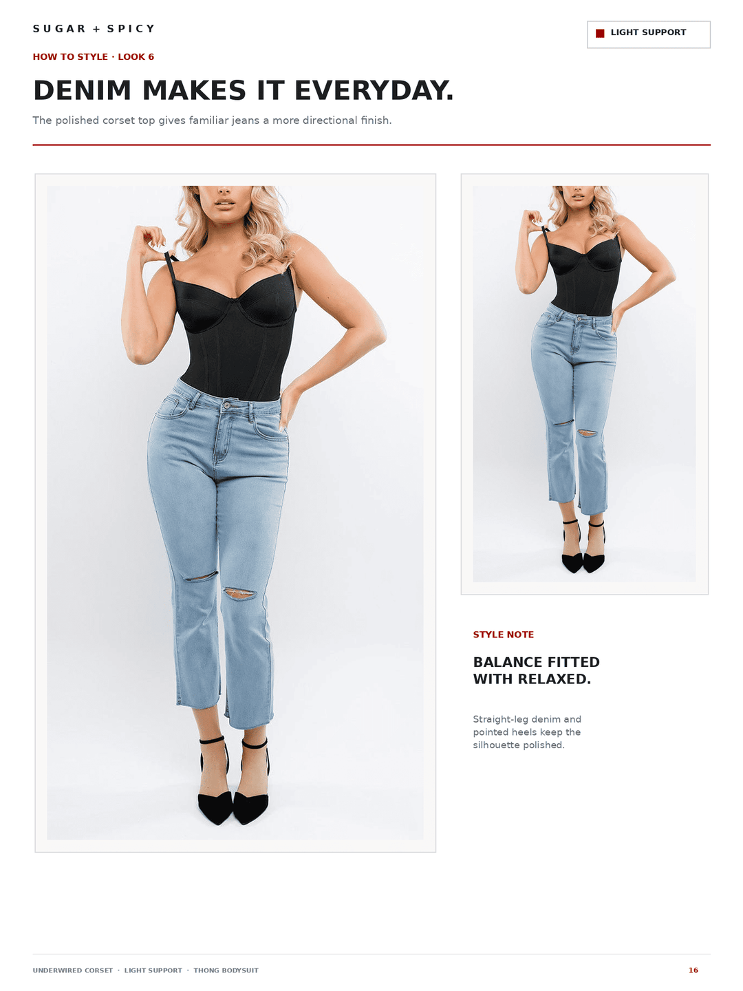 A fashion catalog page showing a model wearing a black camisole top and light-wash distressed jeans in two poses, with text describing the styling and fit.