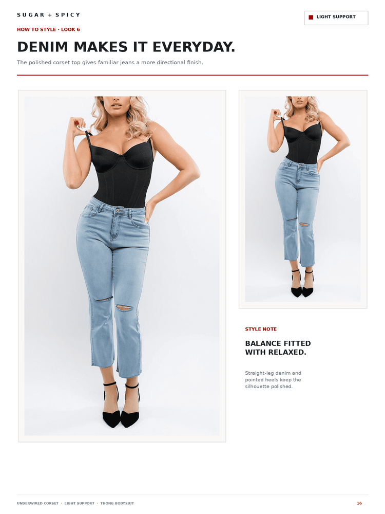 A fashion catalog page showing a model wearing a black camisole top and light-wash distressed jeans in two poses, with text describing the styling and fit.