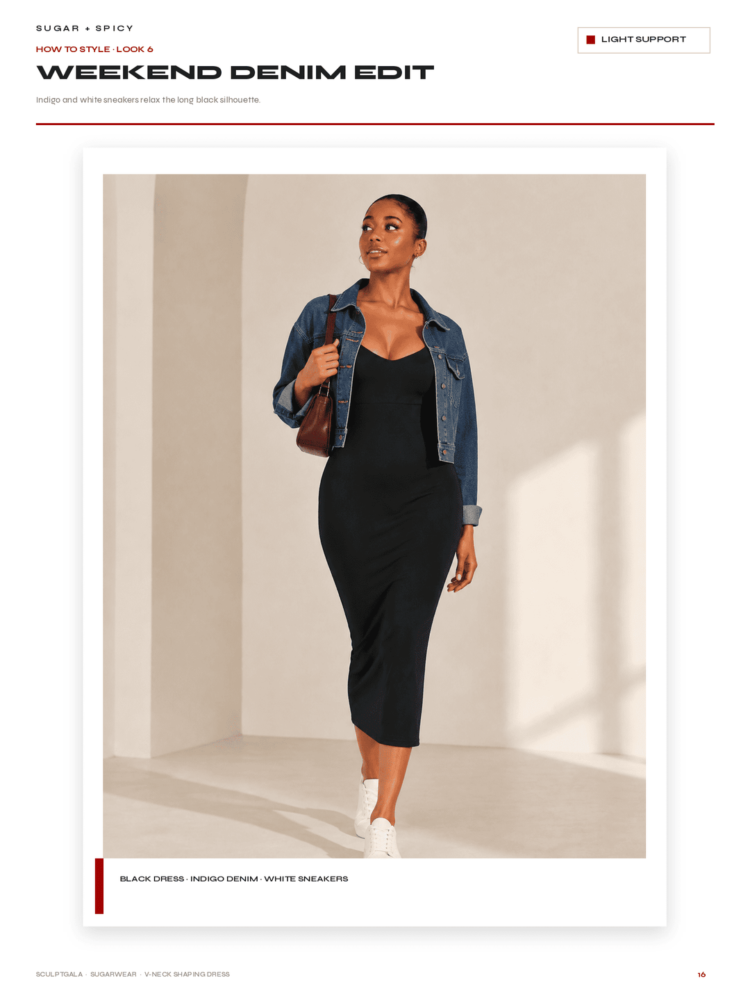 A fashion editorial page showing a model wearing a black midi dress, a blue denim jacket, and white sneakers in a minimalist beige room. The page header reads &