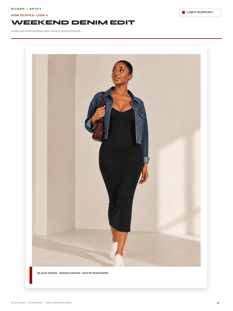 A fashion editorial page showing a model wearing a black midi dress, a blue denim jacket, and white sneakers in a minimalist beige room. The page header reads 'WEEKEND DENIM EDIT' with 'SUGAR + SPICY' and 'LIGHT SUPPORTY' text.