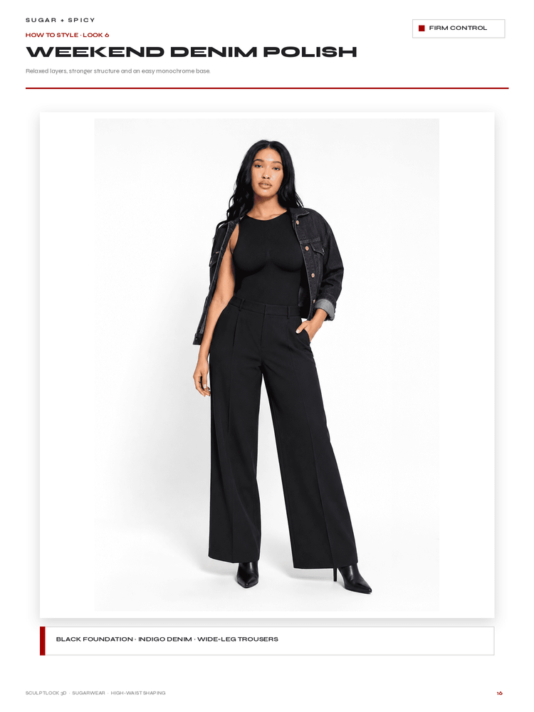 A model wearing a black wide-leg trouser set with a black top and a dark denim jacket, styled with black high-heeled boots. The image is presented on a white page with text headers reading 'SUGAR + SPICY', 'HOW TO STYLE LOOK 6', and 'WEEKEND DENIM POLISH'.
